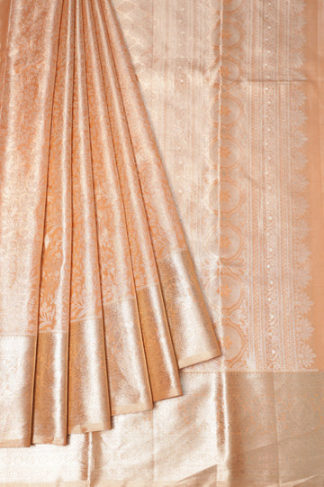 Peach Kanchipuram Silk Saree with Foral and Paisley Motifs