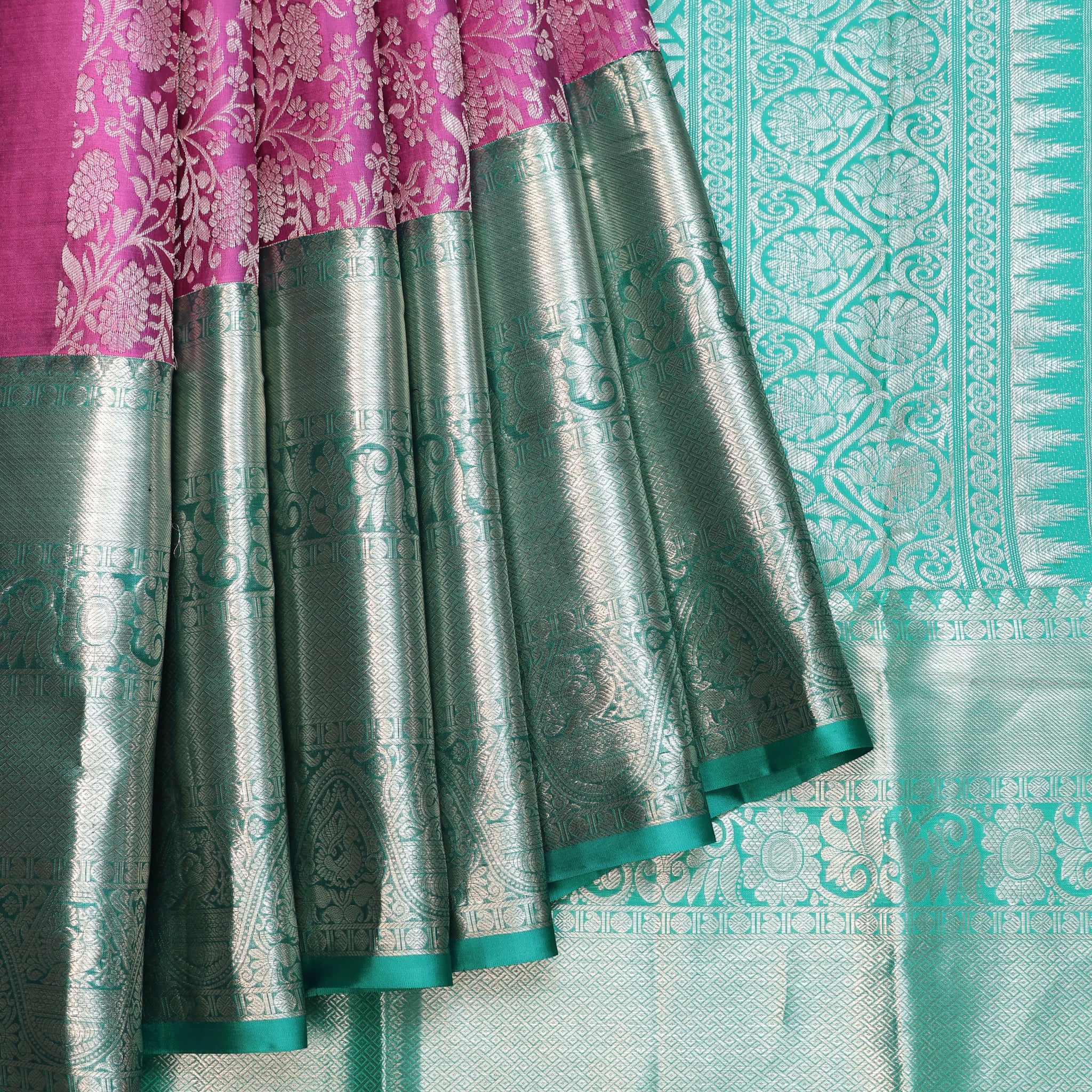 Magenta Kanchipuram Silk Saree with Green Contrast Border