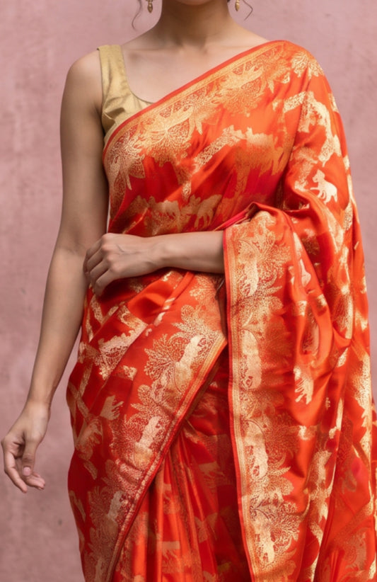 Crimson Red Banaras Katan Silk Saree with Animal Motifs