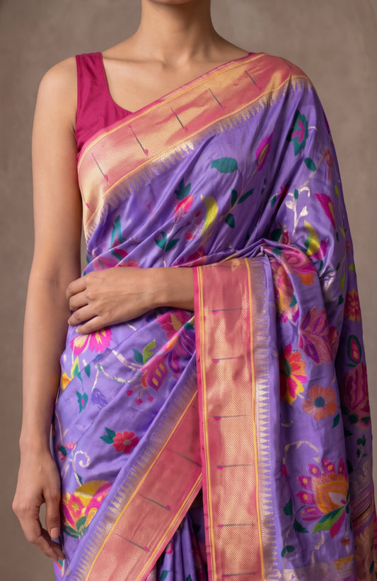 Purple Paithani Silk Saree with  Allover Floral Design