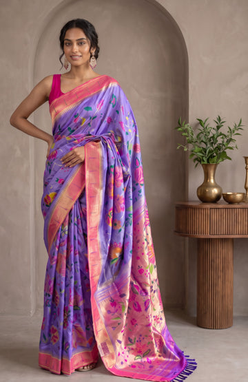 Purple Paithani Silk Saree with  Allover Floral Design