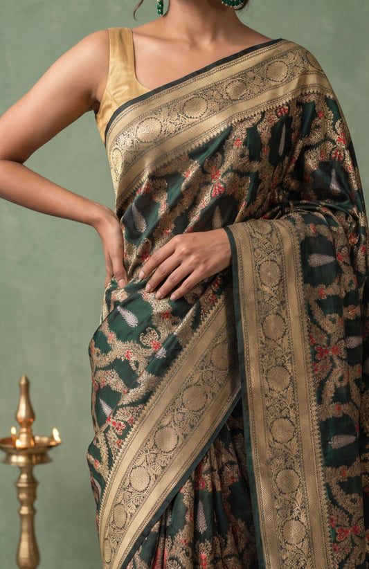 Emerald Green Banaras Katan Silk Saree with Meenakari Jaal Design