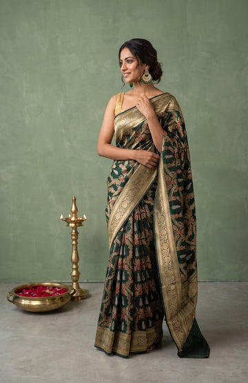 Emerald Green Banaras Katan Silk Saree with Meenakari Jaal Design