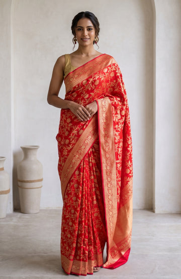 Red Floral Jaal Banaras Katan Silk Saree with Meenakari Design