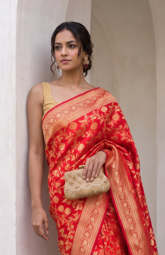 Red Floral Jaal Banaras Katan Silk Saree with Meenakari Design