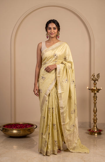 Yellow Banarasi Silk Saree with Floral Accents