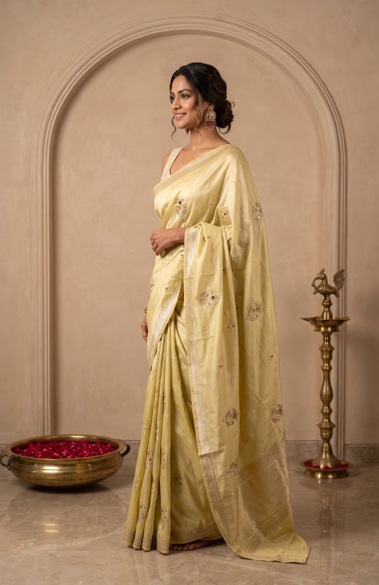 Yellow Banarasi Silk Saree with Floral Accents