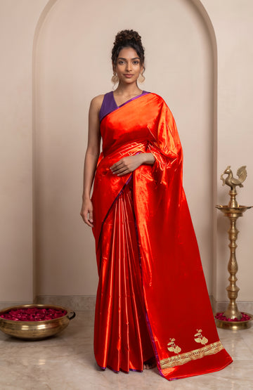 Red Banarasi Mashru Silk Saree with Floral Pallu