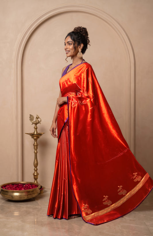Red Banarasi Mashru Silk Saree with Floral Pallu
