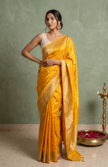 Yellow Muslin Silk Saree with Floral Zari Border