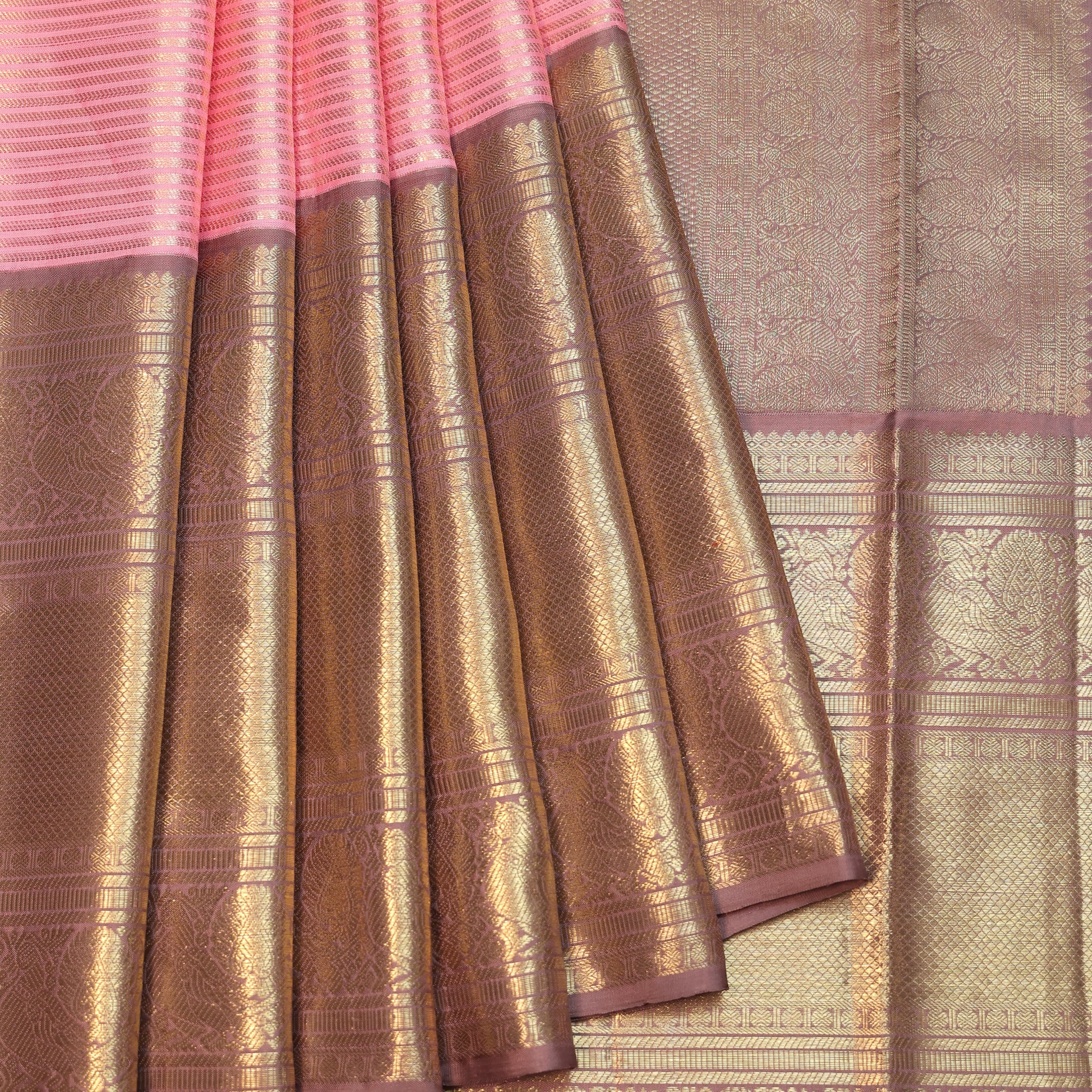 Pink Kanchipuram Silk Saree with Gold Zari Stripes