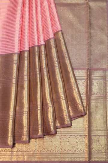 Pink Kanchipuram Silk Saree with Gold Zari Stripes