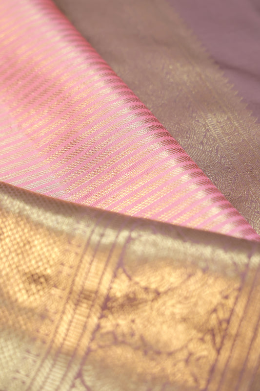 Pink Kanchipuram Silk Saree with Gold Zari Stripes