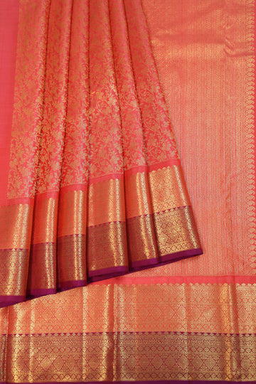 Peach Kanchipuram Silk Saree with Peach & Violet Border
