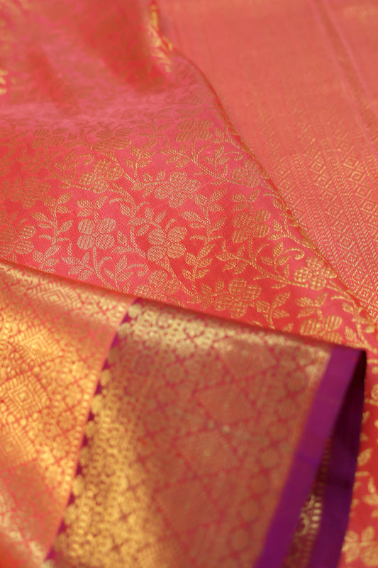 Peach Kanchipuram Silk Saree with Peach & Violet Border