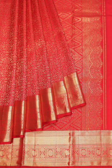 Red Kanchipuram Silk Saree with All Over Leaf Jaal Design