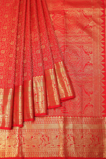 Red Kanchipuram Silk Saree with Mayil Motifs
