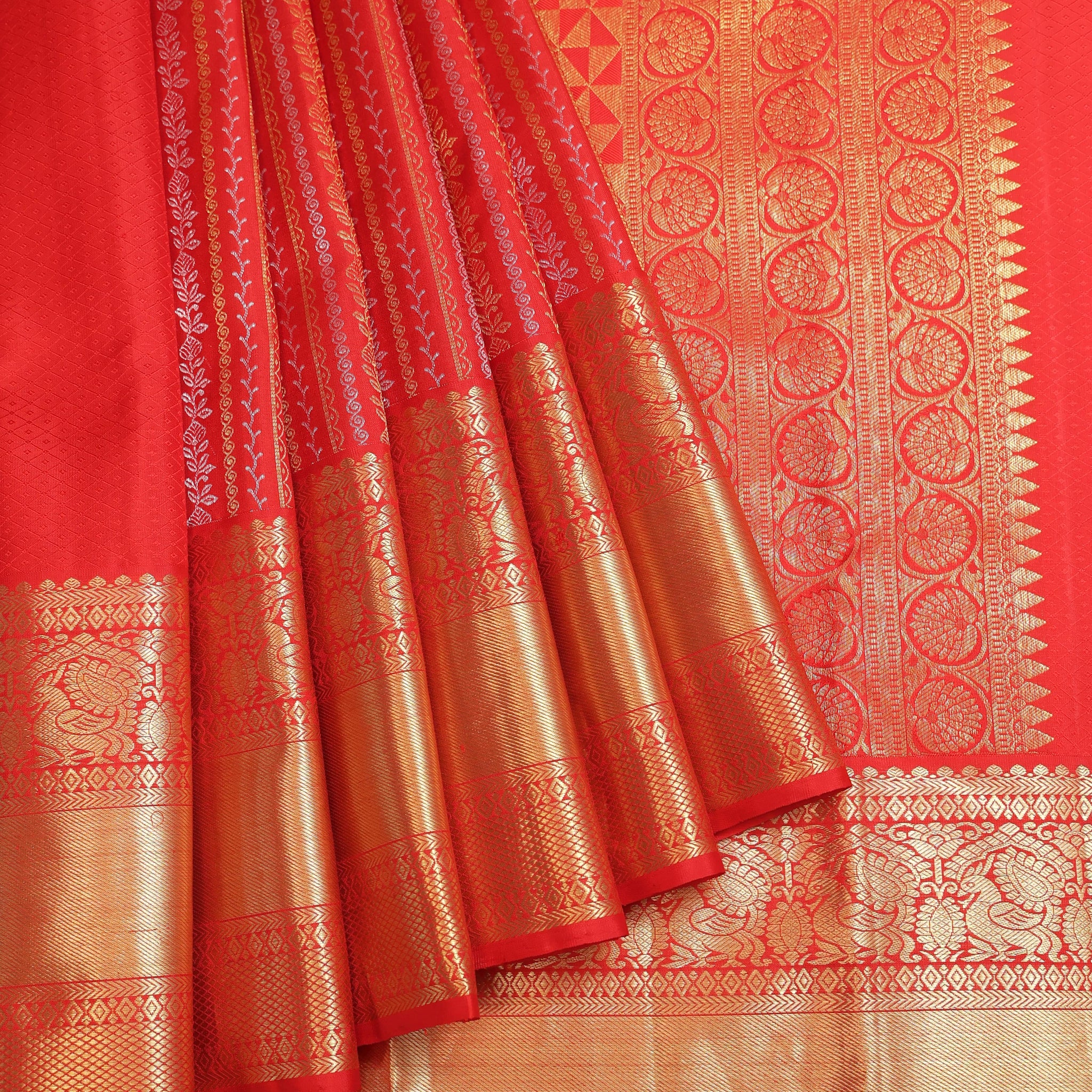 Red Kanchipuram Silk Saree with Gold & Silver Zari Floral Stripes