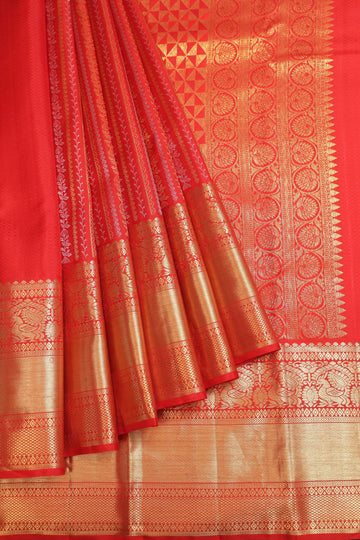 Red Kanchipuram Silk Saree with Gold & Silver Zari Floral Stripes