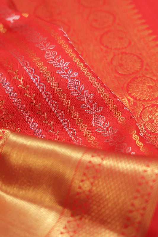 Red Kanchipuram Silk Saree with Gold & Silver Zari Floral Stripes