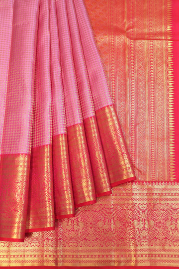 Light Pink Kanchipuram Silk Saree with Diamond Checks Design