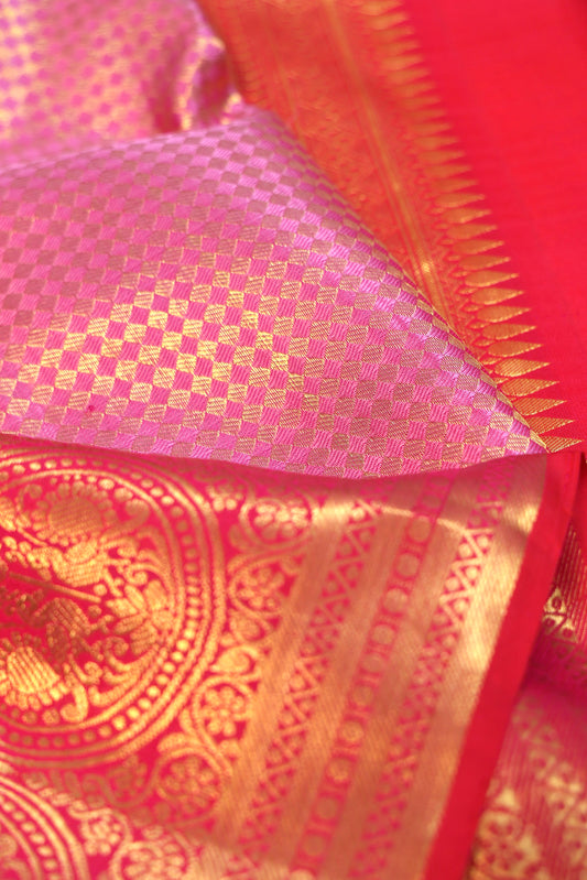 Light Pink Kanchipuram Silk Saree with Diamond Checks Design