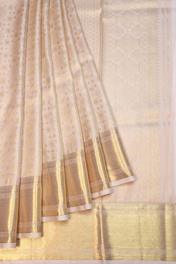 Cream Kanchipuram Silk Saree with Diamond Motifs &Twill Border