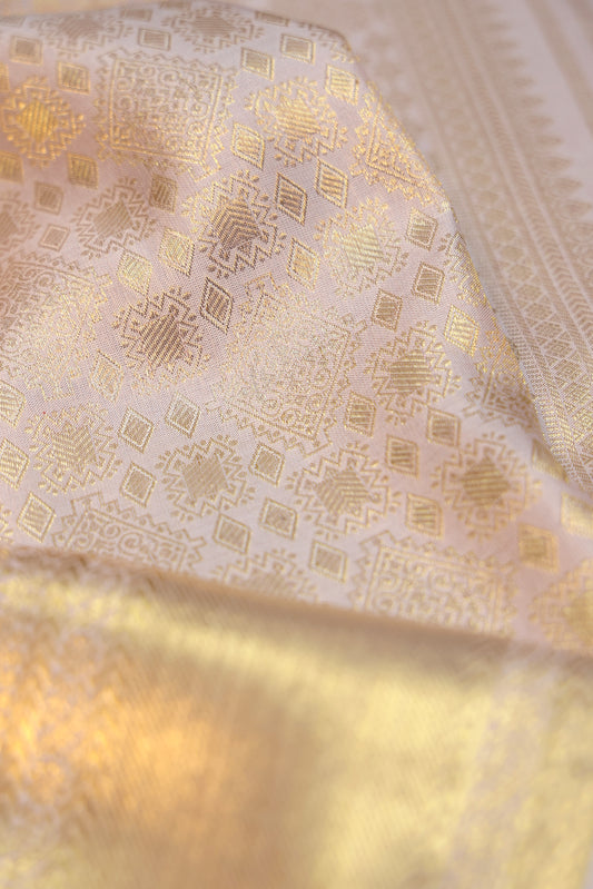 Cream Kanchipuram Silk Saree with Diamond Motifs &Twill Border