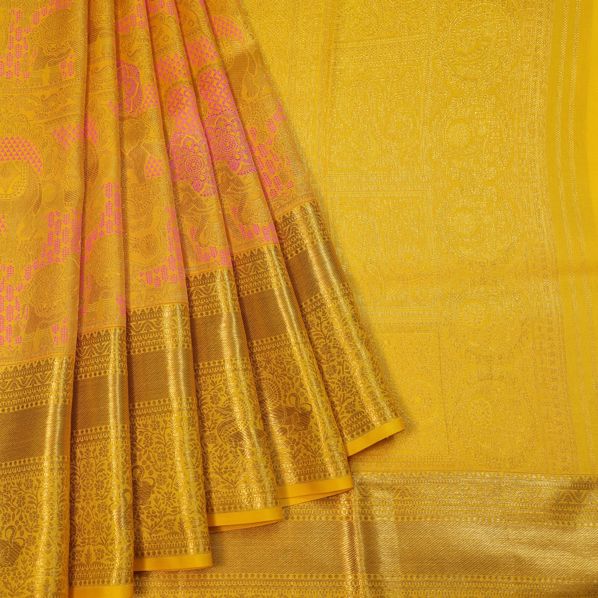 Yellow Kanchipuram Silk Saree with Gold Border