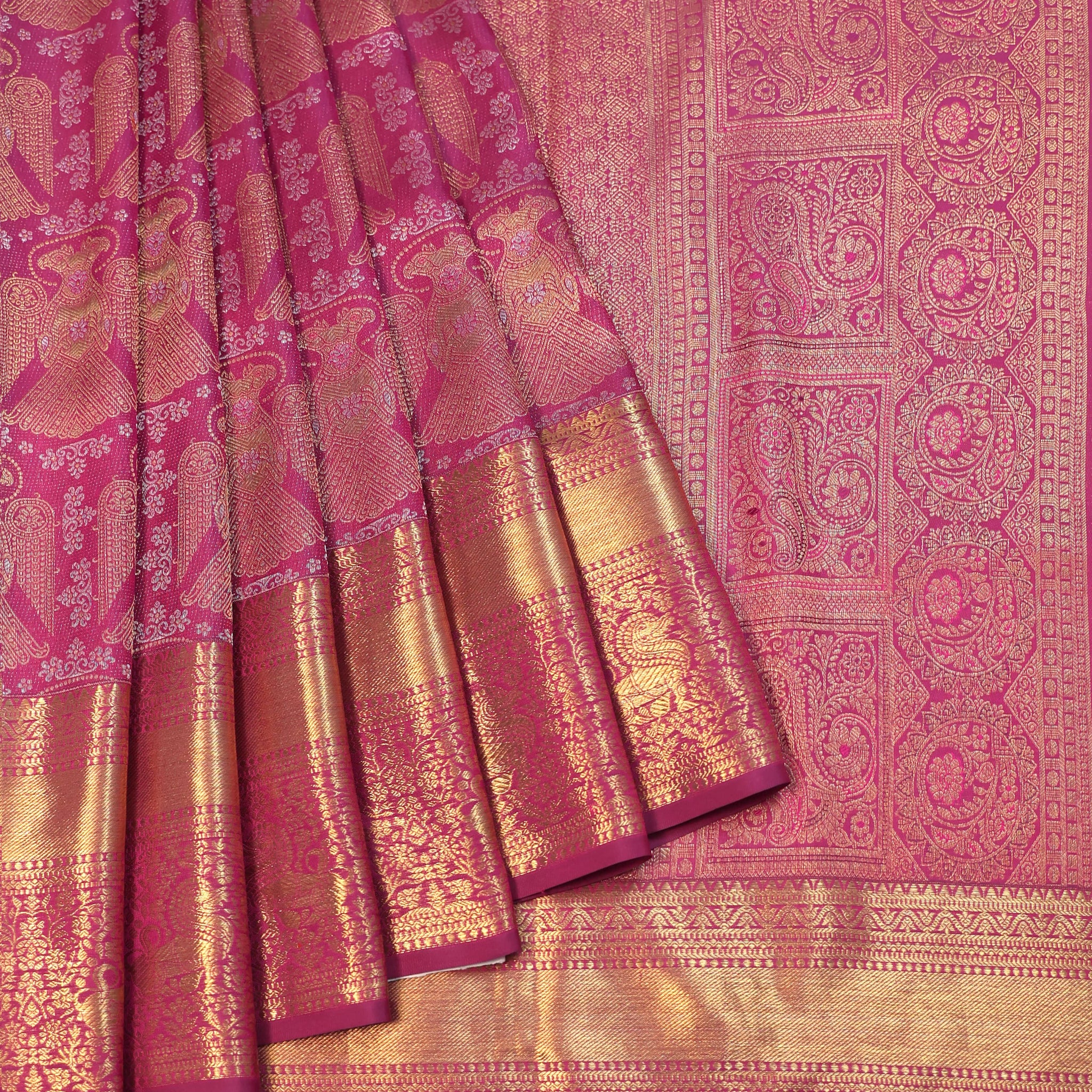 Magenta Kanchipuram Silk Saree with Iruthalai Pakshi Motifs