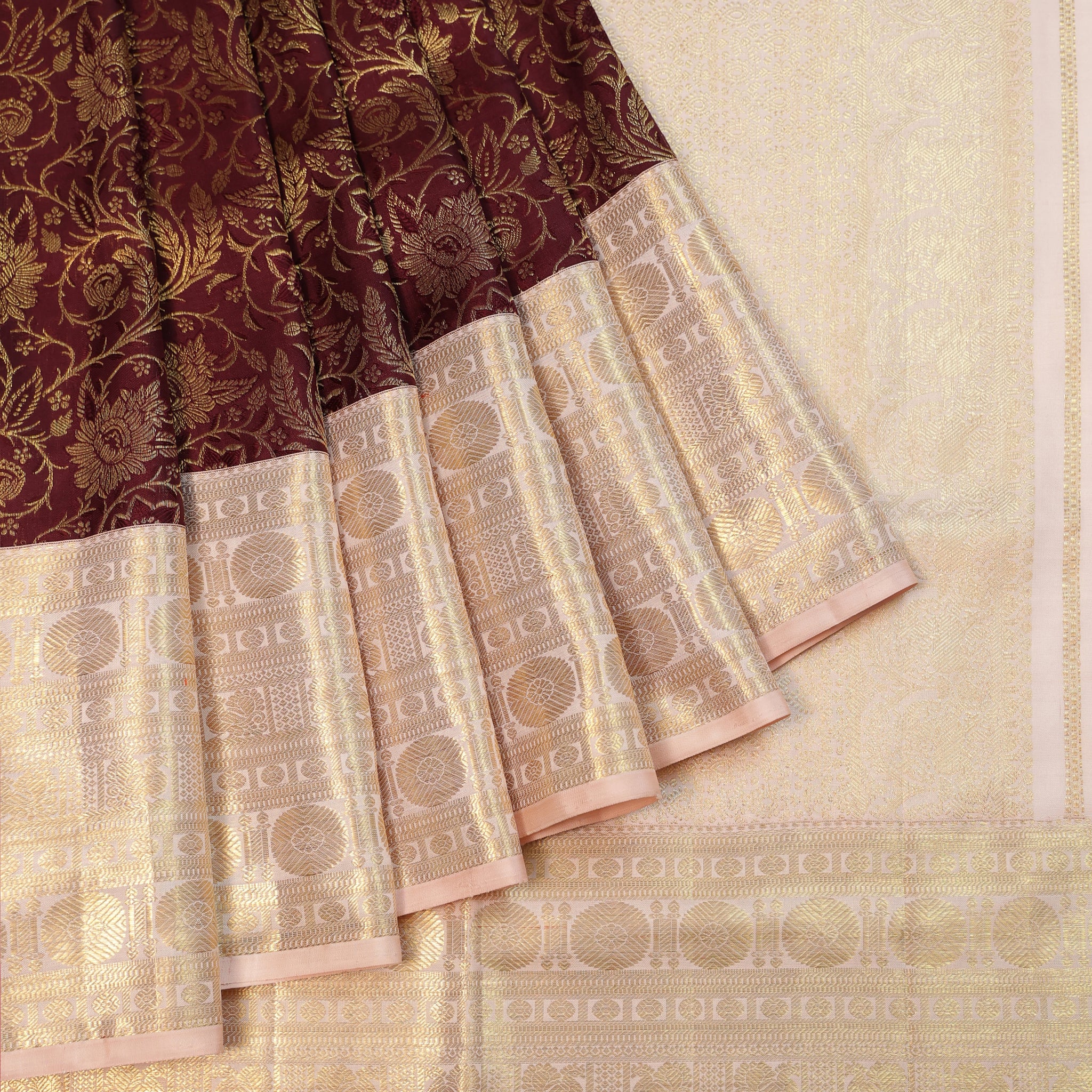 Brown Kanchipuram Silk Saree with Peach Border