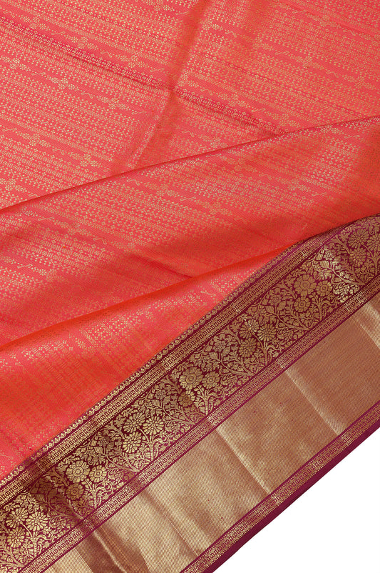 Peach Kanchipuram Silk Saree with Magenta Border