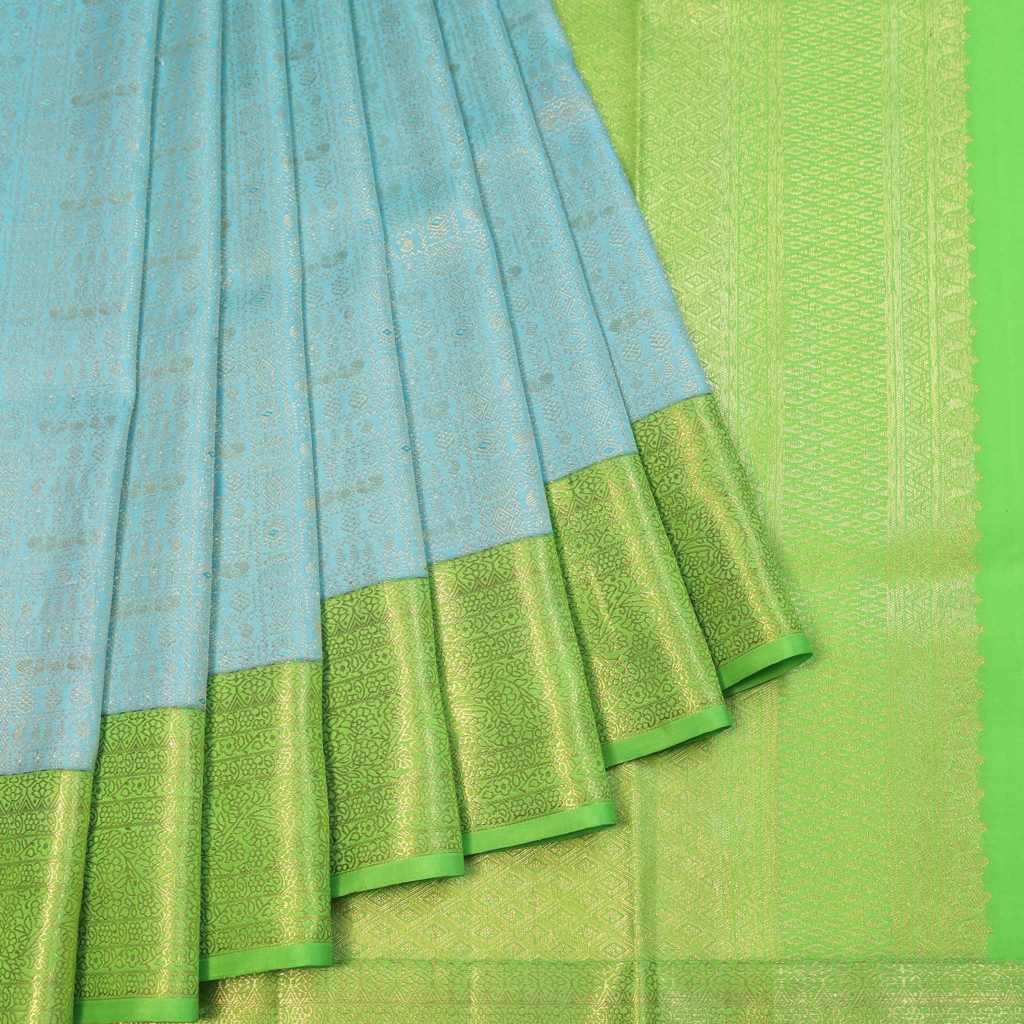 Sky Blue Kanchipuram Silk Saree with Parrot Green Border