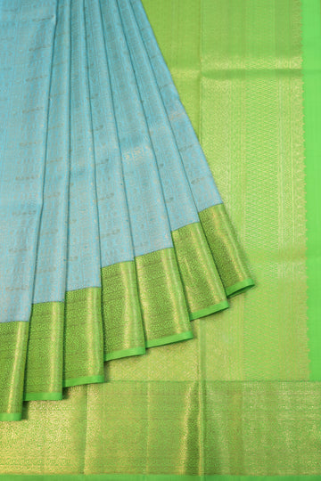 Sky Blue Kanchipuram Silk Saree with Parrot Green Border