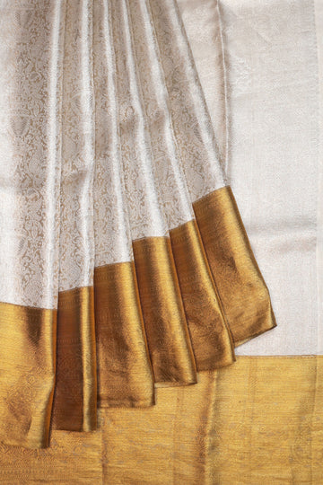Silver Kanchipuram Tissue Silk Saree with Dark Gold Zari Border