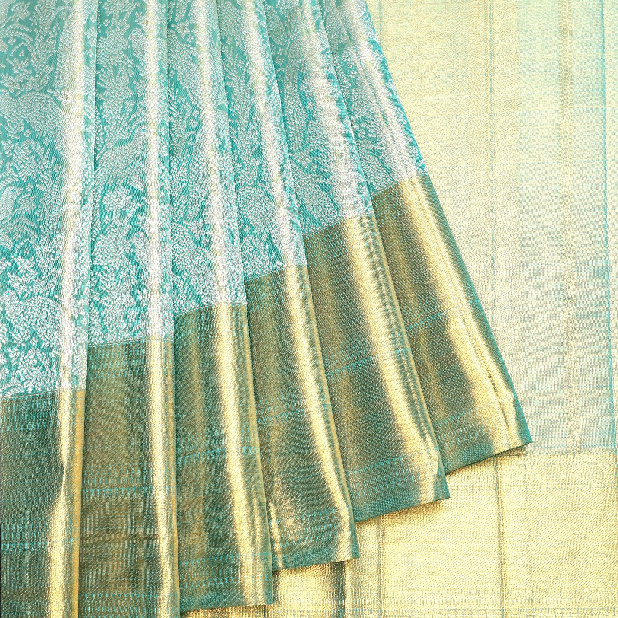Sea Green Kanchipuram Tissue Silk Saree with Killi Motifs