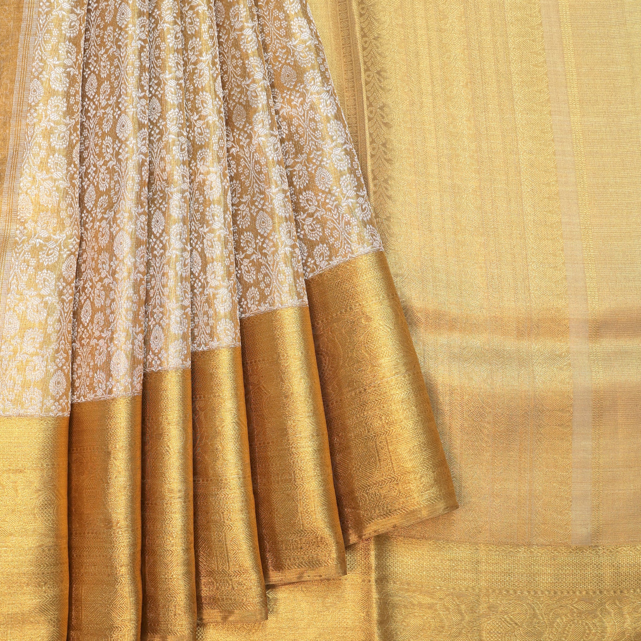Gold Kanchipuram Tissue Silk Saree with Silver Zari Floral Jaal