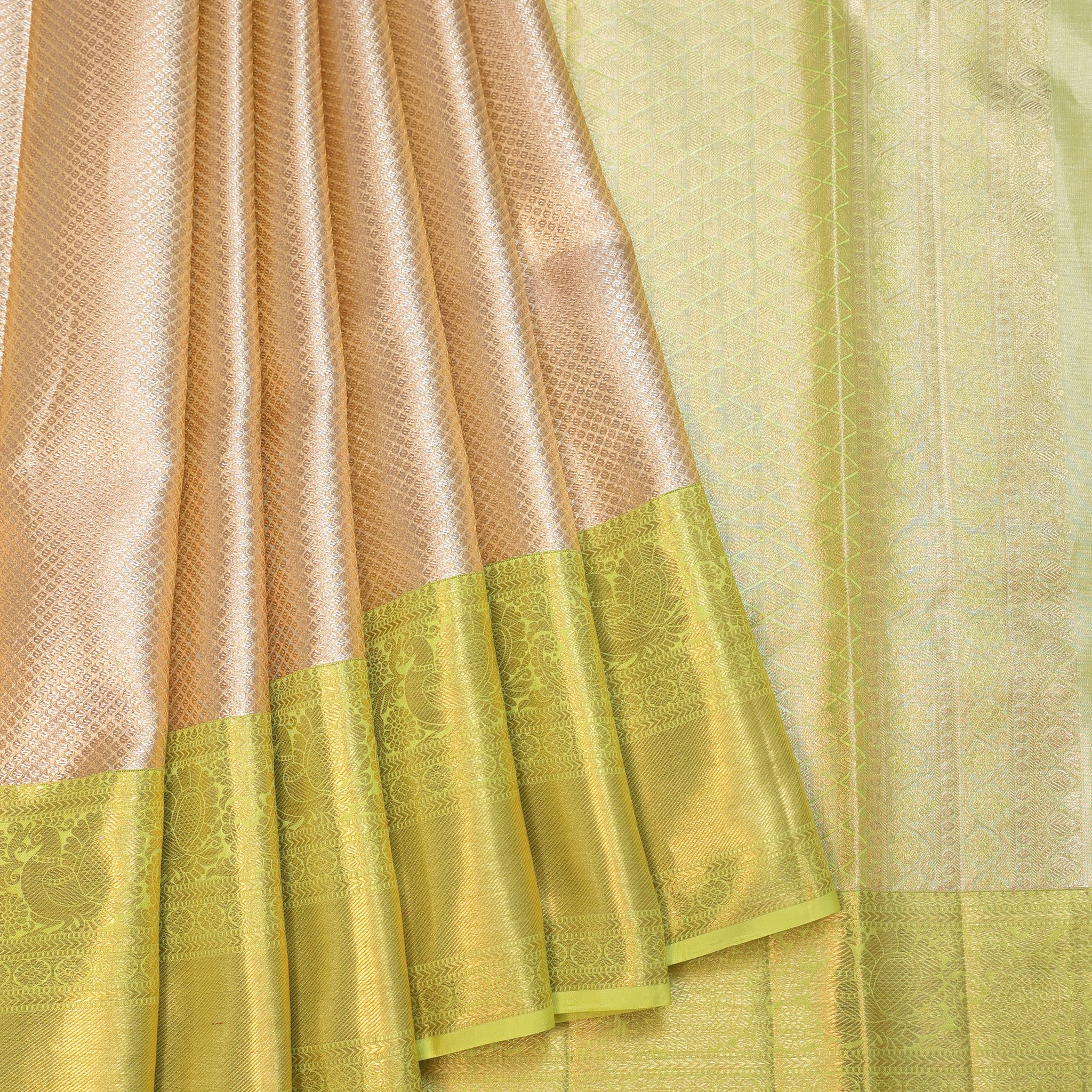 Gold Kanchipuram Saree with Parrot Green Mayil Border