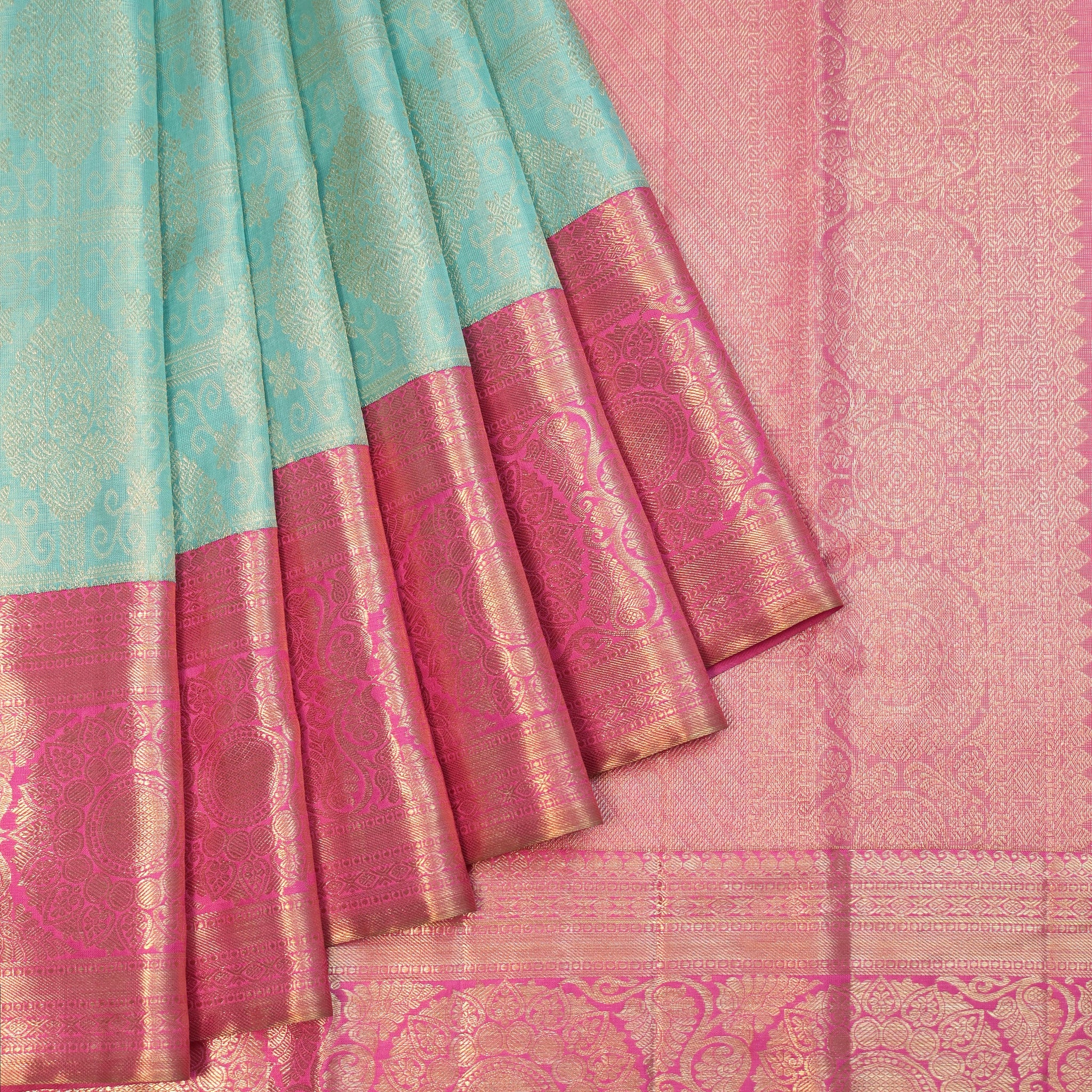 Sea Green Kanchipuram Silk Saree with Pink Zari Border