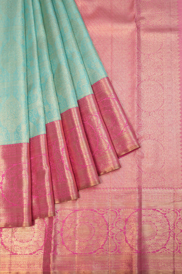 Sea Green Kanchipuram Silk Saree with Pink Zari Border