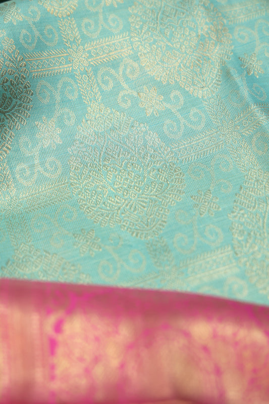 Sea Green Kanchipuram Silk Saree with Pink Zari Border