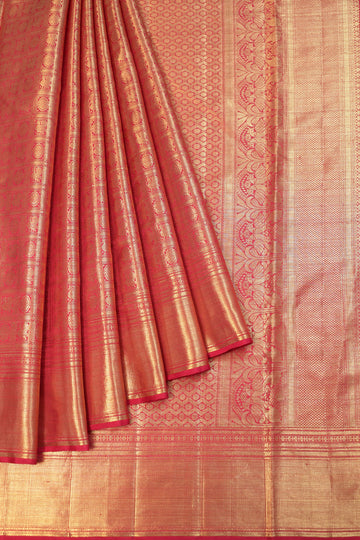 Maroon Kanchipuram Silk Saree with Mayil & Floral Motifs in Checks