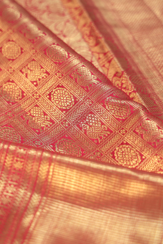 Maroon Kanchipuram Silk Saree with Mayil & Floral Motifs in Checks