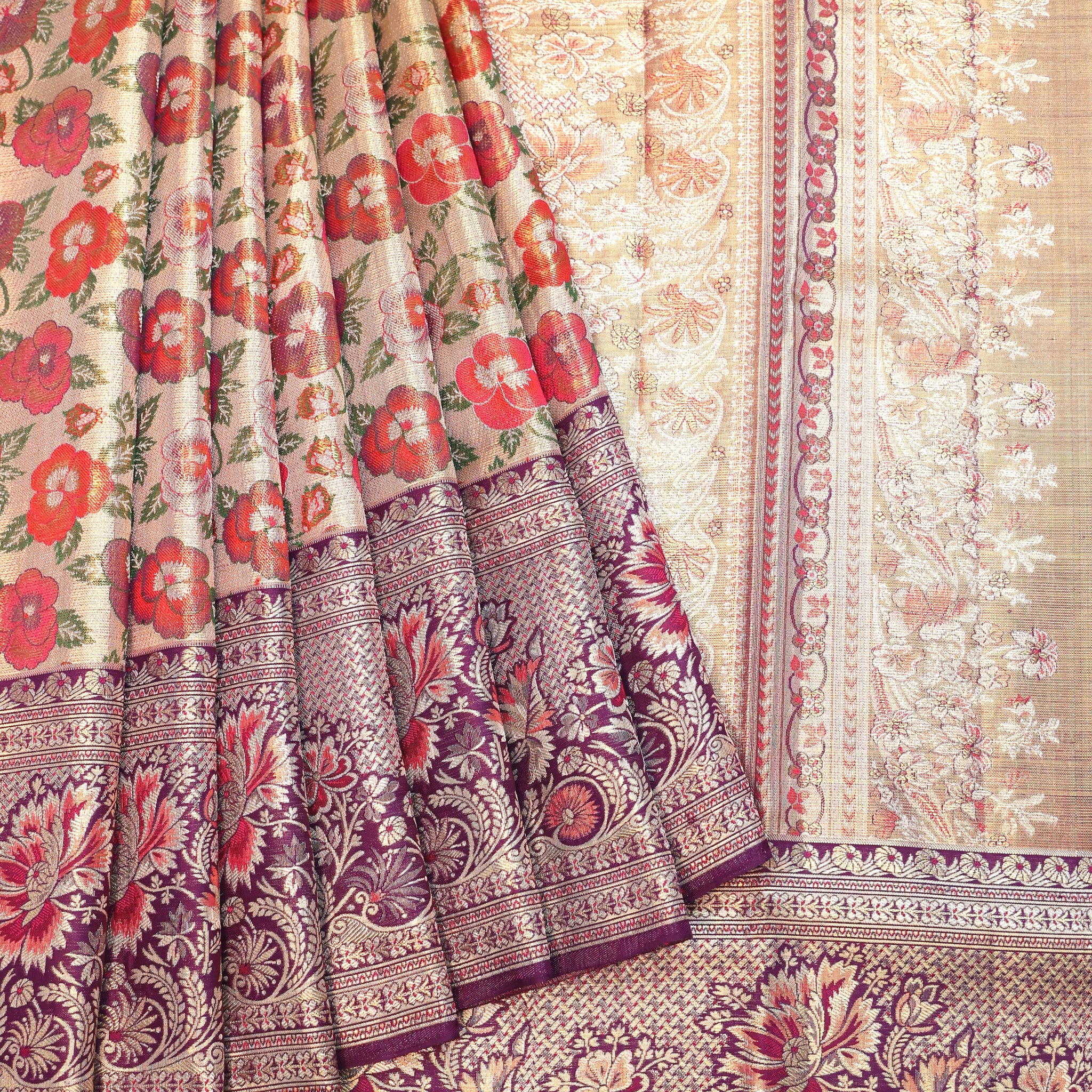 Gold Kanchipuram Tissue Silk Saree with Meenakari Design