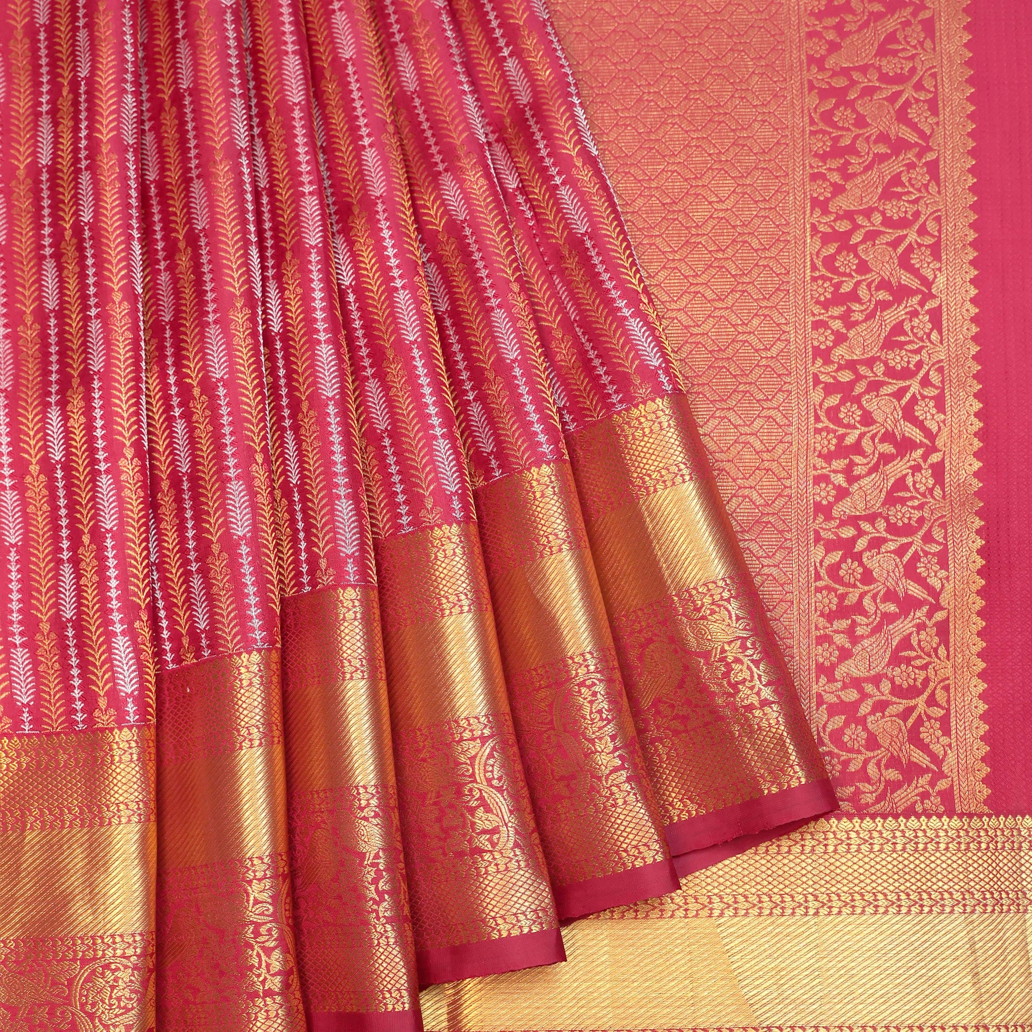 Magenta Kanchipuram Silk Saree with Gold & Silver Zari Leaf Stripes