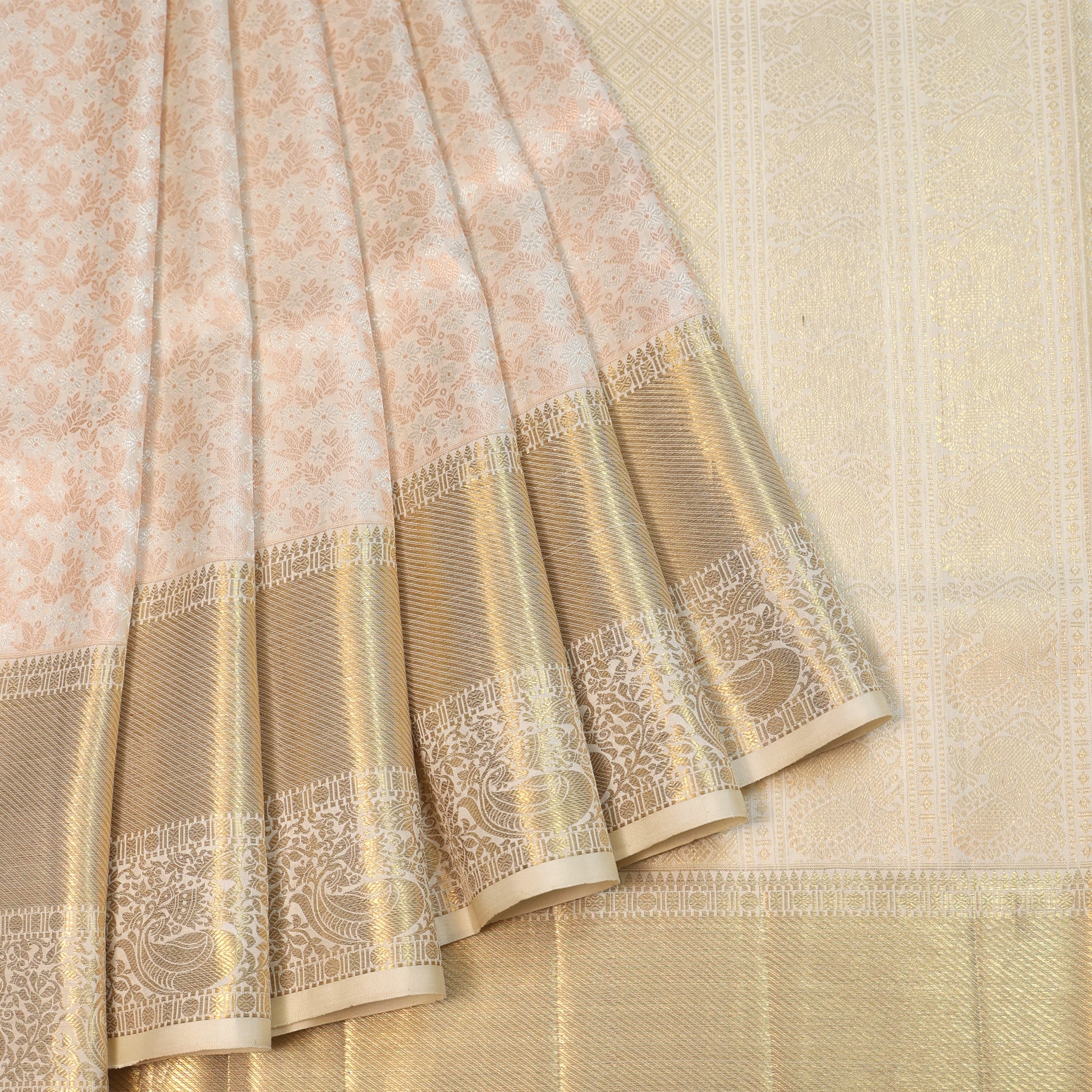 Cream Kanchipuram Silk Saree with Floral Jaal