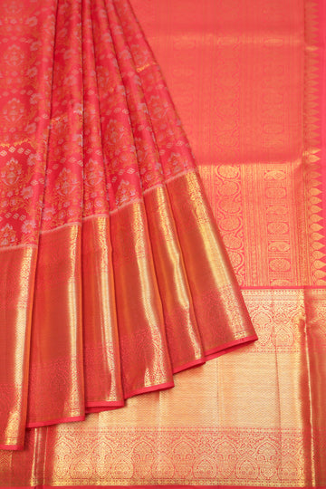 Red Kanchipuram Silk Saree with Gold & Silver Zari Floral Design