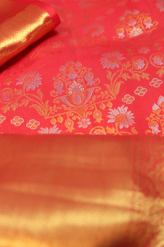Red Kanchipuram Silk Saree with Gold & Silver Zari Floral Design
