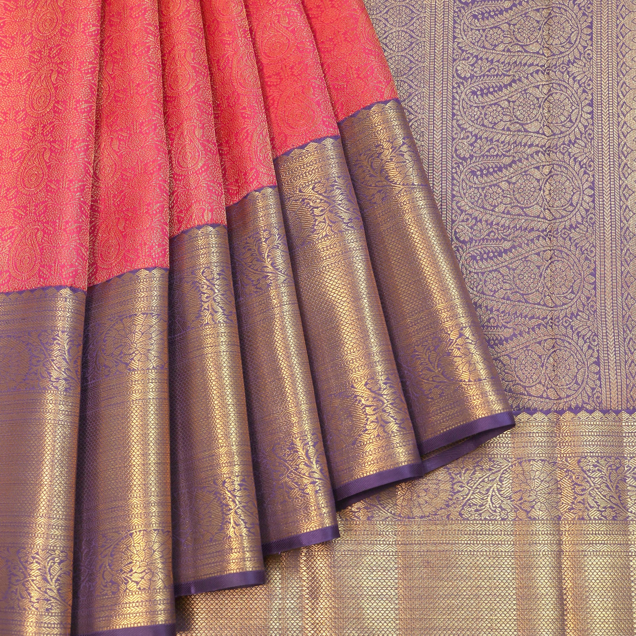 Magenta Kanchipuram Silk Saree with Navy Blue Border and Floral Jaal