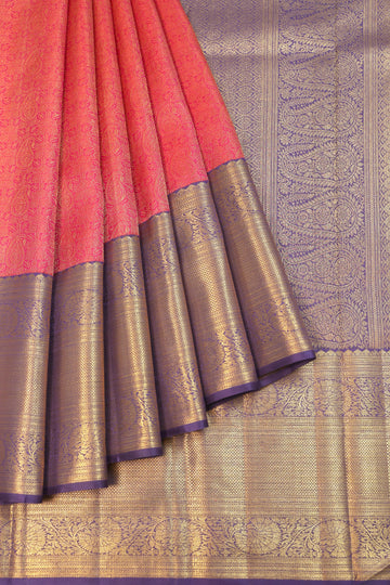 Magenta Kanchipuram Silk Saree with Navy Blue Border and Floral Jaal
